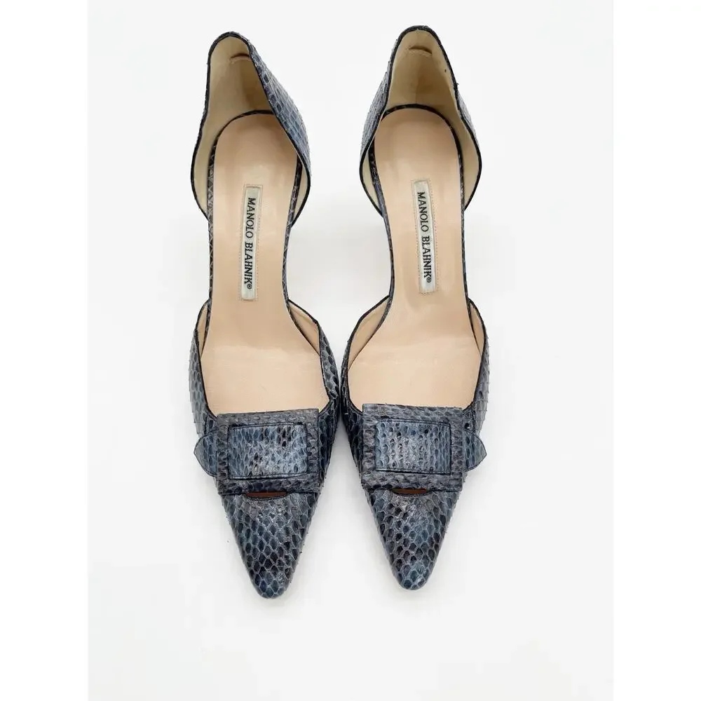 Manolo Blahnik Vintage Blue Python Snakeskin Buckle Pointed Toe Heels IT 39.5